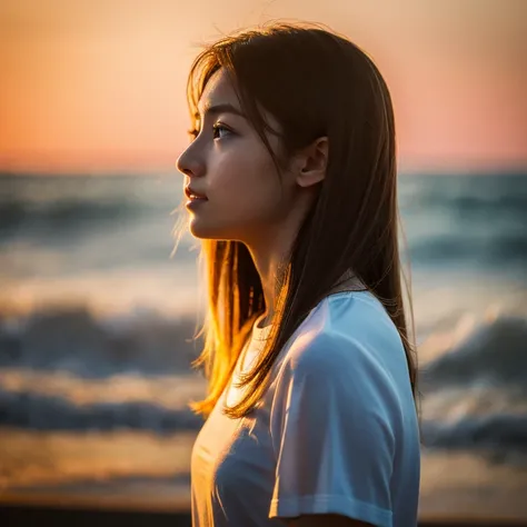 Profile looking at the sea、deadpan、sea side、（（vague））（Off-beach、）(a very delicate and beautiful)、（（Sit down））（（The background feels dark））、a very delicate and beautiful)、（Golden hair）（Pulling angle）(tshirts)、dynamic ungle、portlate)、(smooth hair)、（Big eyes）...