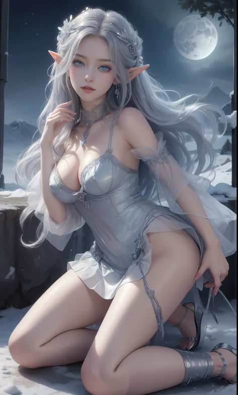 tmasterpiece，Highest image quality，Beautiful kneeling portrait of noble elf girl，Delicate silver hairstyle，clear sky blue eyes，Various well-made jewelry gauze skirts，heeled sandals，snowy desert，Moonlight super detailed，advanced。At the Pixiv Art Station，Bre...