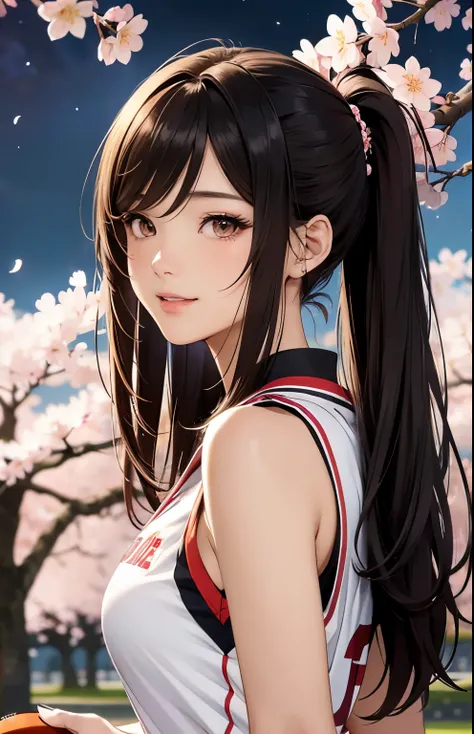 masterpiece、top-quality、hight resolution, outdoor, ((artistic night view, night sky)), (((cherry blossoms background))), High-quality images、8K, 1 woman、skin gloss、Texture of skin and clothing、Detailed eye expression、Lustrous hair,girl with long hair, Mang...