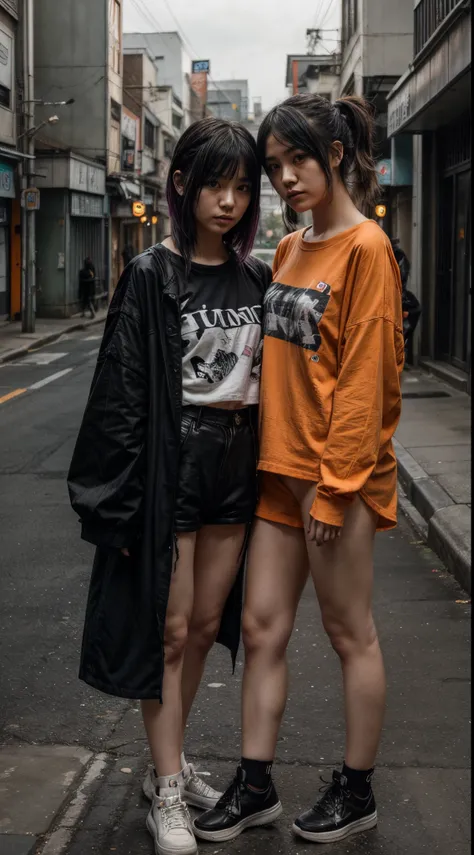 👭, 2japanese girl, pale_skin, random color hair, black cosmetics, punk rock girl, oversized orange shirt, bottomless, random basic pose, against random epic background