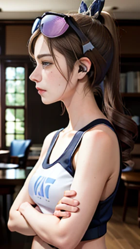 girl, blue eyes, Esport kitty headphones, light brown hair, tanktop, in the living room, frown, realistic fingers, high texture hands, folded arms, annoyed facial expression, side view