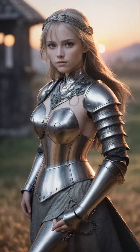 (masterpiece), (extremely intricate:1.3), (realistic), portrait of a girl, the most beautiful in the world, (medieval armor:1.4), metal reflections, upper body, outdoors, intense sunlight, far away castle, professional photograph of a stunning woman detail...