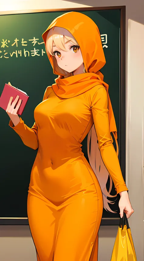 Woman teacher wearing light tangerine hijab, light tangerine long sleeve woman safari, light tangerine long span teach in classrom, small tits anime