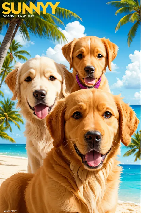 Golden retriever puppy on a tropical beach Pixar style book cover called Sunny in Hawaii