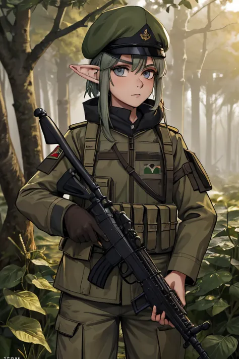 Soldado elfo femenino, vistiendo el camuflaje del bosque manchado Uniforme militar de camuflaje, Uniforme militar ruso, ojos detallados, Manos detalladas, Cara detallada, cabello detallado, (elfo con pelo de gonden), corte de pelo trenzado, sosteniendo un ...