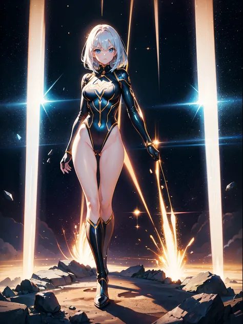 1girl, beautiful detailed eyes, superhero, mature woman, leotard, bare legs, boots, gloves, atoms, glowing body, light surrounding her body, light particles, space backdrop, standing, hand on hip, perfect anatomy, cowboy shot, full body shot, superpower.