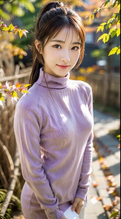 Japan pretty women、1 persons,Super clean and slender、Excellent style  、An ultra-high picture quality、extremely delicate face, Skin and hair、top ponytail hair、Trailing hair,light brown hair、((Light purple turtleneck sweater dress)),long boots、Hide your ches...