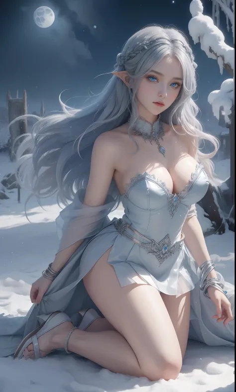 tmasterpiece，Highest image quality，Beautiful kneeling portrait of noble elf girl，Delicate silver hairstyle，clear sky blue eyes，Various well-made jewelry gauze skirts，heeled sandals，snowy desert，Moonlight super detailed，advanced。At the Pixiv Art Station，Bre...