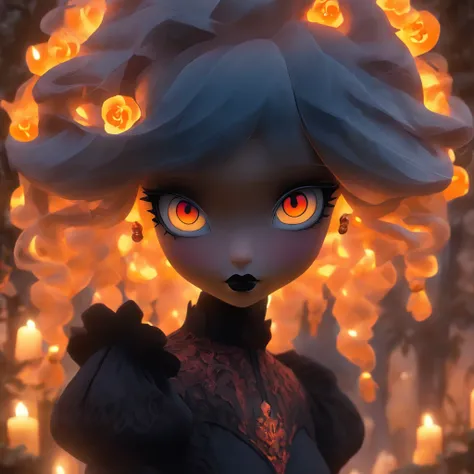 (best quality,highres,ultra-detailed,masterpiece:1.2),female goth porcelain doll,[glowing orange eyes],[flames for hair],porcelain skin,black Victorian-style dress,lace details,dark lipstick,pale complexion,delicate porcelain features,hauntingly beautiful,...