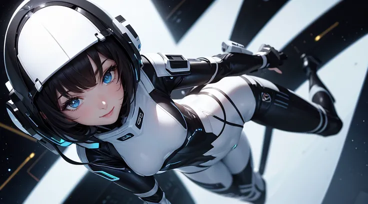 cyber girl in space, white and black body suit, sci-fi, perfect body, dark hair, smiling, beautiful eyes, detailed, masterpiece, high res, high quality, planets, stars