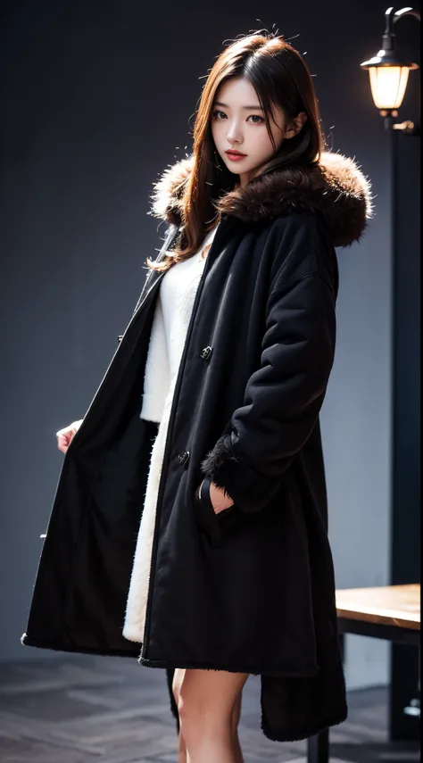 (fur long coat:1.4),Japanese beautiful woman、Complete top quality、Meeting background、Pitch-black space、Gods々lamplight