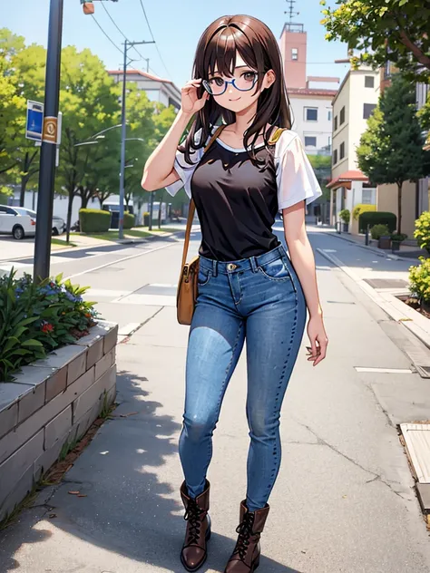 chica con jeans y polera blanca, (mostrando estomago), pechos moderados, botas, (lentes) , brown-hair, (avergonzada), (escote), (cabello amarrado), estirandose,