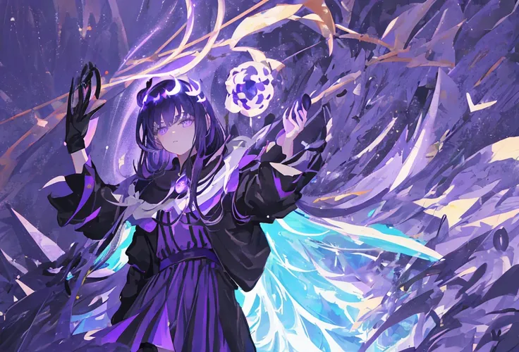 1girl, fringe, dark eyes, eye shadow, in a purple and transparent robe, Woman waving her hands in the air, bubbles, Dark Purple Wind, dark aura, luminous skin, night time, Blue & Purple sky, dark shadows, twin drills, Shiny hair, Dark halo, glowing eyes, D...