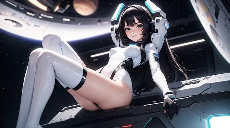 cyber girl in space, white and black body suit, sci-fi, perfect body, bare legs, dark hair, smiling, beautiful eyes, detailed, masterpiece, high res, high quality, planets, stars