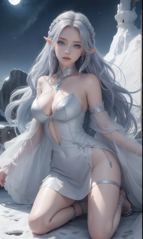 tmasterpiece，Highest image quality，Beautiful kneeling portrait of noble elf girl，Delicate silver hairstyle，clear sky blue eyes，Various well-made jewelry gauze skirts，heeled sandals，snowy desert，Moonlight super detailed，advanced。At the Pixiv Art Station，Bre...