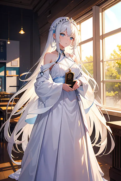 quadratic element，Anime female character，The original goddess character，pixiv Winner Award，long  white hair，ellegance，Long flowing hair，a white long skirt，White skin of the，exquisite facial features，adolable，Classroom Background，Student Clothing，Junior hig...