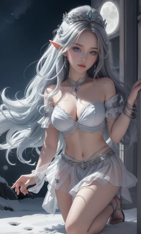 tmasterpiece，Highest image quality，Beautiful kneeling portrait of noble elf girl，Delicate silver hairstyle，clear sky blue eyes，Various well-made jewelry gauze skirts，heeled sandals，snowy desert，Moonlight super detailed，advanced。At the Pixiv Art Station，Bre...