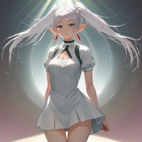 Frieren, twintails, earrings, short dress, white hair, realistic, 1girl, light rays, glow, thighs, narrow waist, (masterpiece), wallpaper,