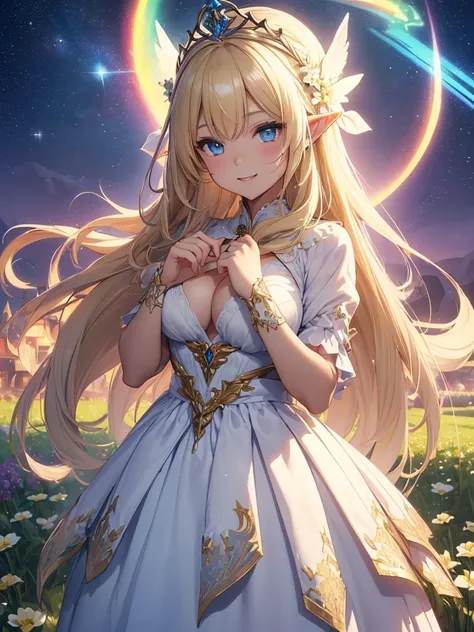 top-quality、Top image quality、​masterpiece、girl with((23years old、Best Bust、big bast、Bust 90,Beautiful blue eyes、,Blonde long hair、A slender、is standing、a closeup、Esbian、beautiful tiara、hiquality、Beautiful Art、Background with((starrysky)))masutepiece、visua...