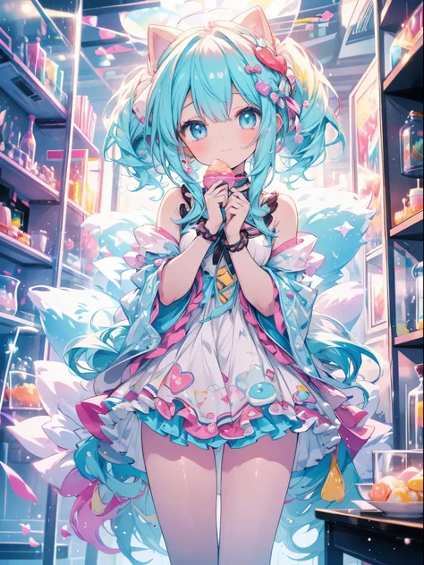 a world of colorful sweets, fluffly, a lot of sweets, colourfull, pastels, cute, dream sweets, full bodyesbian, kawaii girl