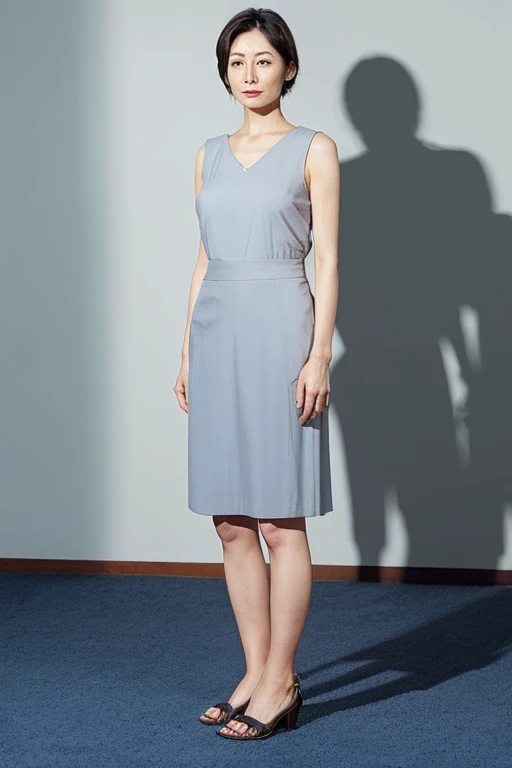 Pale solid color background,japanese mature, 30-years old, governess, Slim figure, 独奏, He stands in the center of the screen and looks straight ahead with a serious expression with his mouth and eyes closed., Tank tops, skirt by the, Composition from knees...