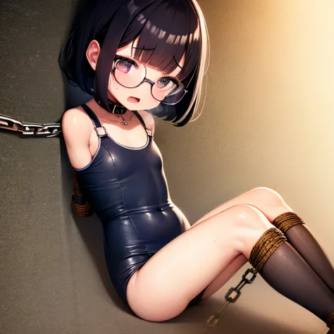 gothloli,school swimsuits(navy),blackhair,sad face,stone wall,on bed,open mouth,bound with rope,animal collar(with one chain),reflected light,sweat,legs,from above,round glasses,