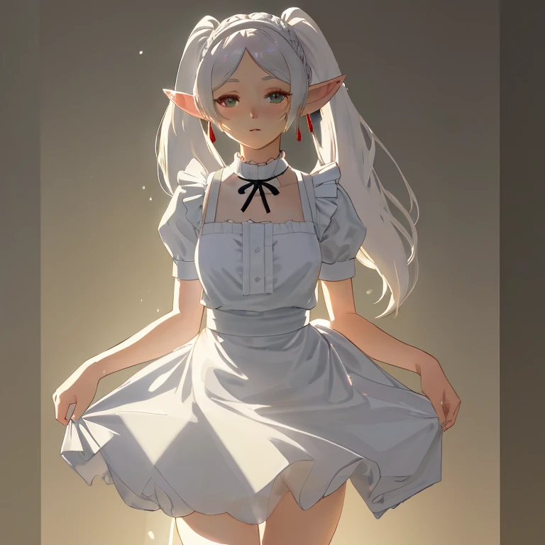 Frieren, twintails, earrings, maid dress, white hair, realistic, 1girl, light rays, glow, thighs, narrow waist, (masterpiece), wallpaper,