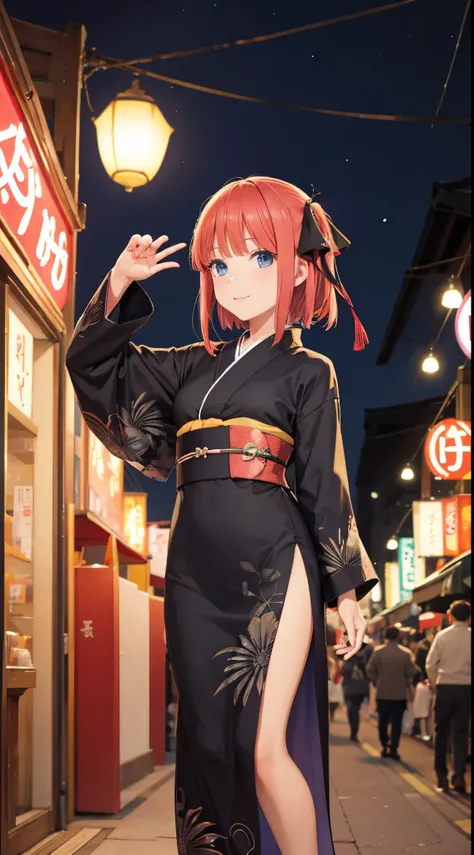 Nino Nakano ,manos detalladas,pose sexy,vestido kimono color negro,festival de noche