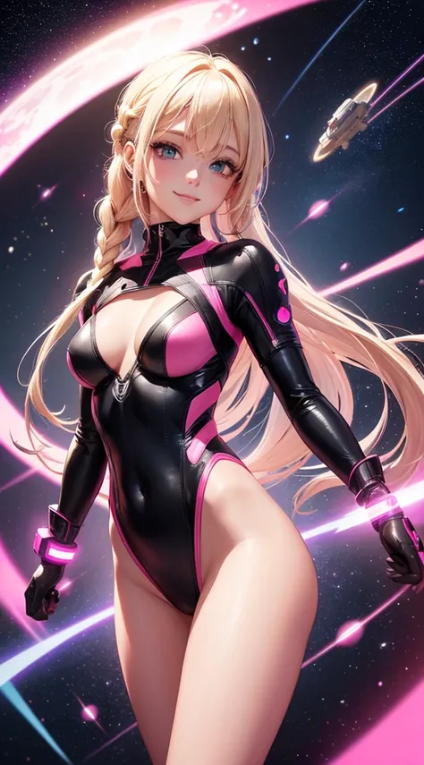 cyber girl in space, pink and black body suit, sci-fi, perfect body, bare legs, blonde hair, braided hair, smiling, beautiful eyes, detailed, masterpiece, high res, high quality, planets, stars