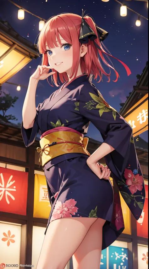 Nino Nakano riendo,manos detalladas,pose sexy,vestido kimono,festival de noche