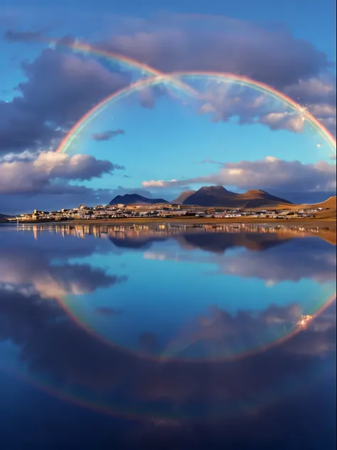 morning glow ,light ,Flowing clouds , landscapes , Sparkling blue sky ,  skye ,scenery reflected on the round horizon  , A sparkling rainbow