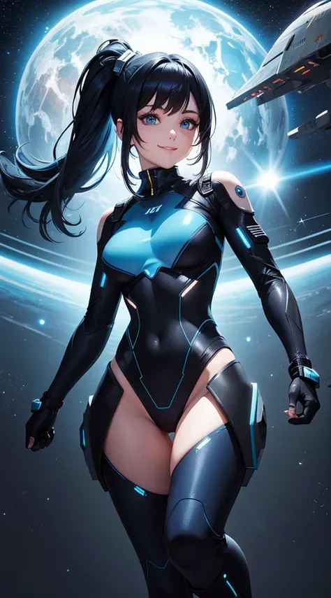 cyber girl in space, blue and black body suit, sci-fi, perfect body, bare legs, dark hair, pony tail, smiling, beautiful eyes, detailed, masterpiece, high res, high quality, planets, stars