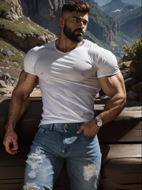 a character portrait [lean soviet soldier kid, hairy body, alpha male, huge biceps, ripped abs, blue jeans, white tee shirt, sne...