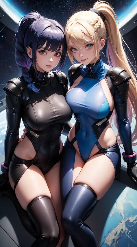 2 cyber girls in space, blue and black body suit, pink and black body suit, sci-fi, perfect body, bare legs, dark hair, blonde hair, pony tail, braided hair, smiling, beautiful eyes, detailed, masterpiece, high res, high quality, planets, stars