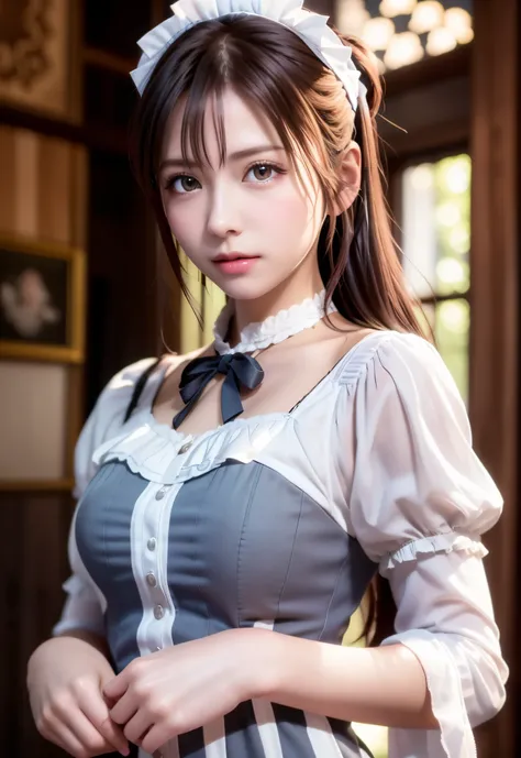 8K, of the highest quality, masutepiece:1.2), (Realistic, Photorealsitic:1.37), of the highest quality, masutepiece, Beautiful young woman, Pensive expression,、A charming、and an inviting look, Cute Maid Clothes, Hair tied back, Cinematic background, Light ...