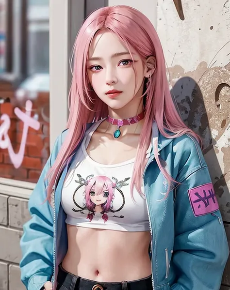 (masterpiece, best quality, 1girl, solo, intricate details, chromatic aberration), realistic, ((medium breath)),long hair, pink hair, red head ornament, pink highlights, hair over one eye,purple eyes, earrings, sharp eyes, choker, neon shirt, open jacket, ...