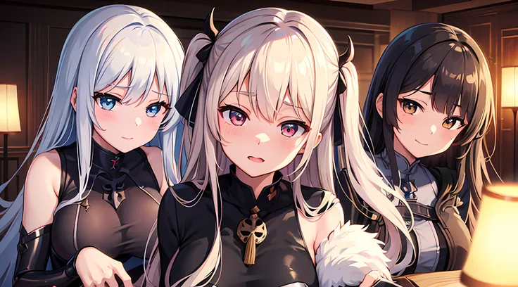 four anime girls in armor are posing for a picture in living room, blushed face, beautiful eyes finely detailed, face to detail,...