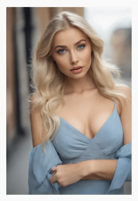 A poised and alluring woman with captivating blue eyes, resembling the ultra-realistic Sophie Mudd. Blonde girl, She wears natural makeup, exudes a sexy charm in a short dress, blonde hair color and poses in London setting with a prominent bust.