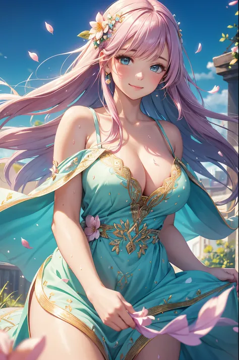 (High quality, High resolution, Fine details), Realistic, woman in colorful gradient dress, detailed patterns on the dress, flowy fabric, pastel shades, captivating fantasy setting, floating petals in the air, dreamlike scenery, slightly wind-blown hair, i...