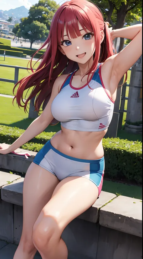 Nino Nakano riendo,manos detalladas,pose sexy,ropa deportiva,parque de dia