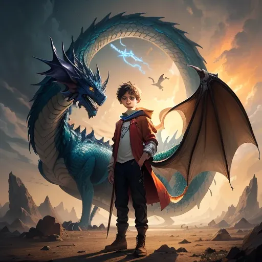 A boy with a feather in his hand in front of a portal and a dragon flying in the background