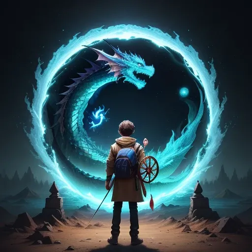 A boy with a feather in his hand in front of a portal and a dragon flying in the background