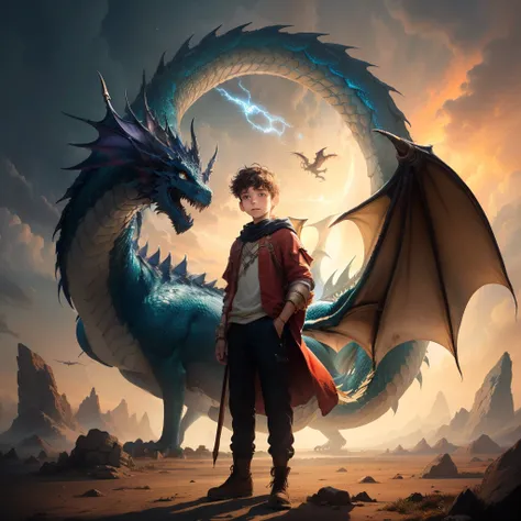 A boy with a feather in his hand in front of a portal and a dragon flying in the background