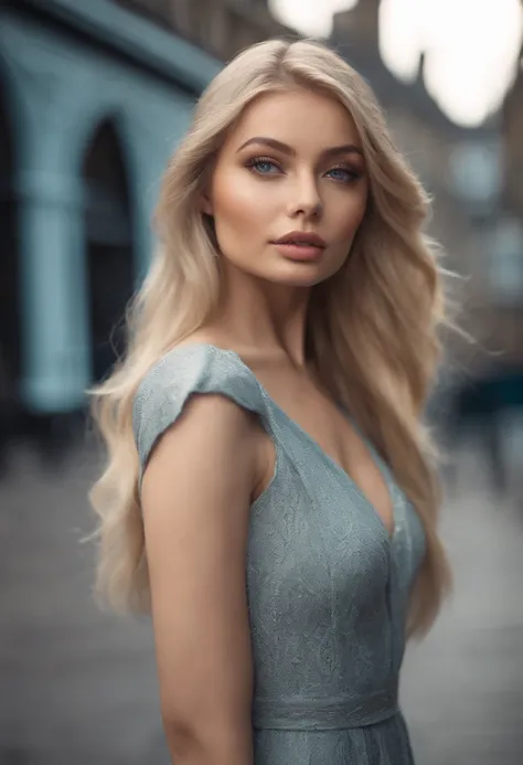 A poised and alluring woman with captivating blue eyes, resembling the ultra-realistic Sophie Mudd. Blonde girl, She wears natural makeup, exudes a sexy charm in a short dress, blonde hair color and poses in London setting with a prominent bust.