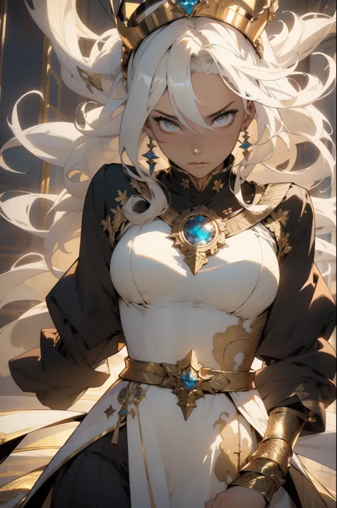 (looking at pov) highly detailed face, realistic face, (oversized clothes:1.2), miniskirt,  (dark coat with ornate golden embroidery, golden embellished), (white hair, golden streaks on hair), yellow eyes, thigh strap, (neo city), (clouds), add_detail:1, h...