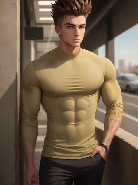 22 year old, tan man. Lean, muscular build with dark, wavy, spiked up hair; golden eyes; and sharp jaw line. Long sleeve, mock-neck shirt and adventuring pants