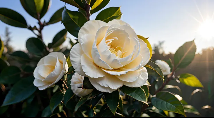 white camellia flowers, morning sunlight