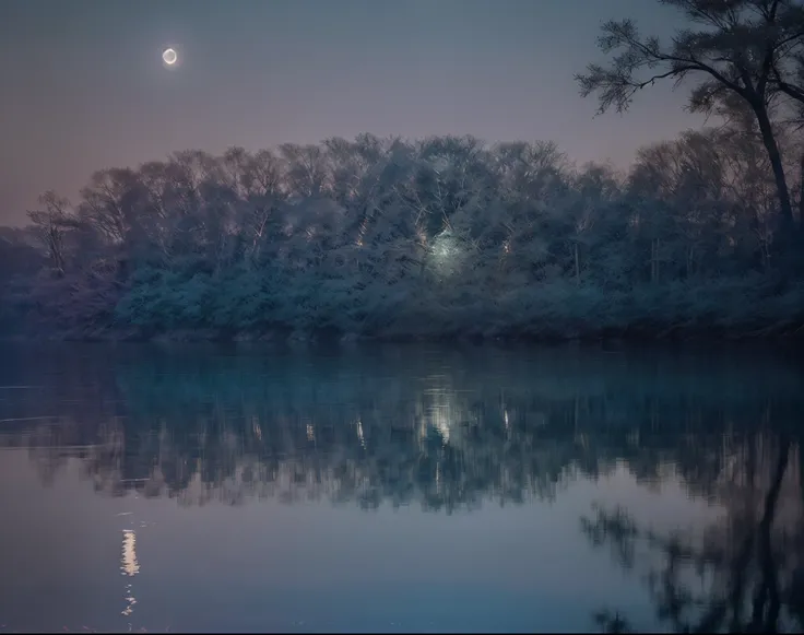 Moonlight shimmers delicately on the calm water, transforming it into a mesmerizing scene of tranquility and beauty. The subject of this breathtaking photograph is a pristine lake, its surface reflecting the ethereal glow of the moon. The water appears pla...