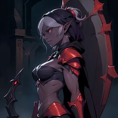 No_text, black_Skin, (((Drow))), medium_Breast, HD, rich color, detail, light, masterpiece, masterpiece, fantasy art, epic exquisite character art, stunning characters, (reference sheet:1.2), blood red eyes, fangs, dark_deep_purple_hair, Concept art, front...