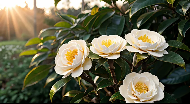 white camellia flowers, morning sunlight